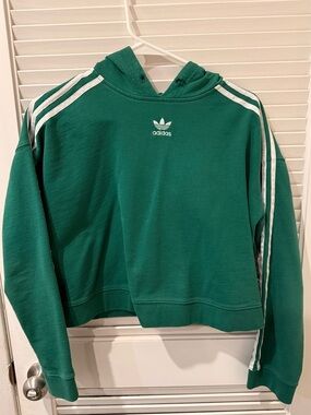 adidas Emerald Green Cropped Hoodie with White Stripes